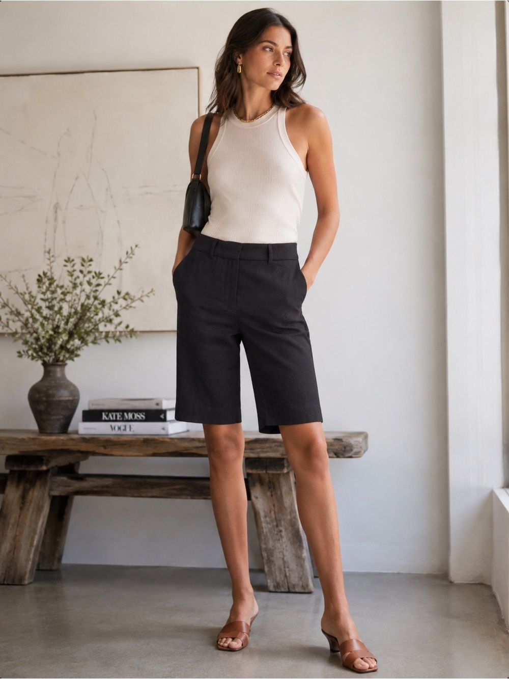 Frame long black linen blend high rise trouser shorts size 6 minimalist CBK